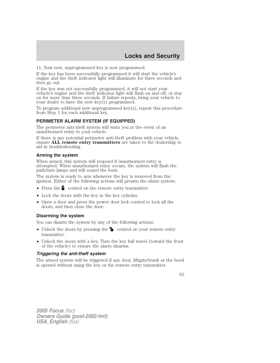 Perimeter alarm system (if equipped), Arming the system, Disarming the system | Triggering the anti-theft system, Locks and security | FORD 2005 Focus v.3 User Manual | Page 63 / 224