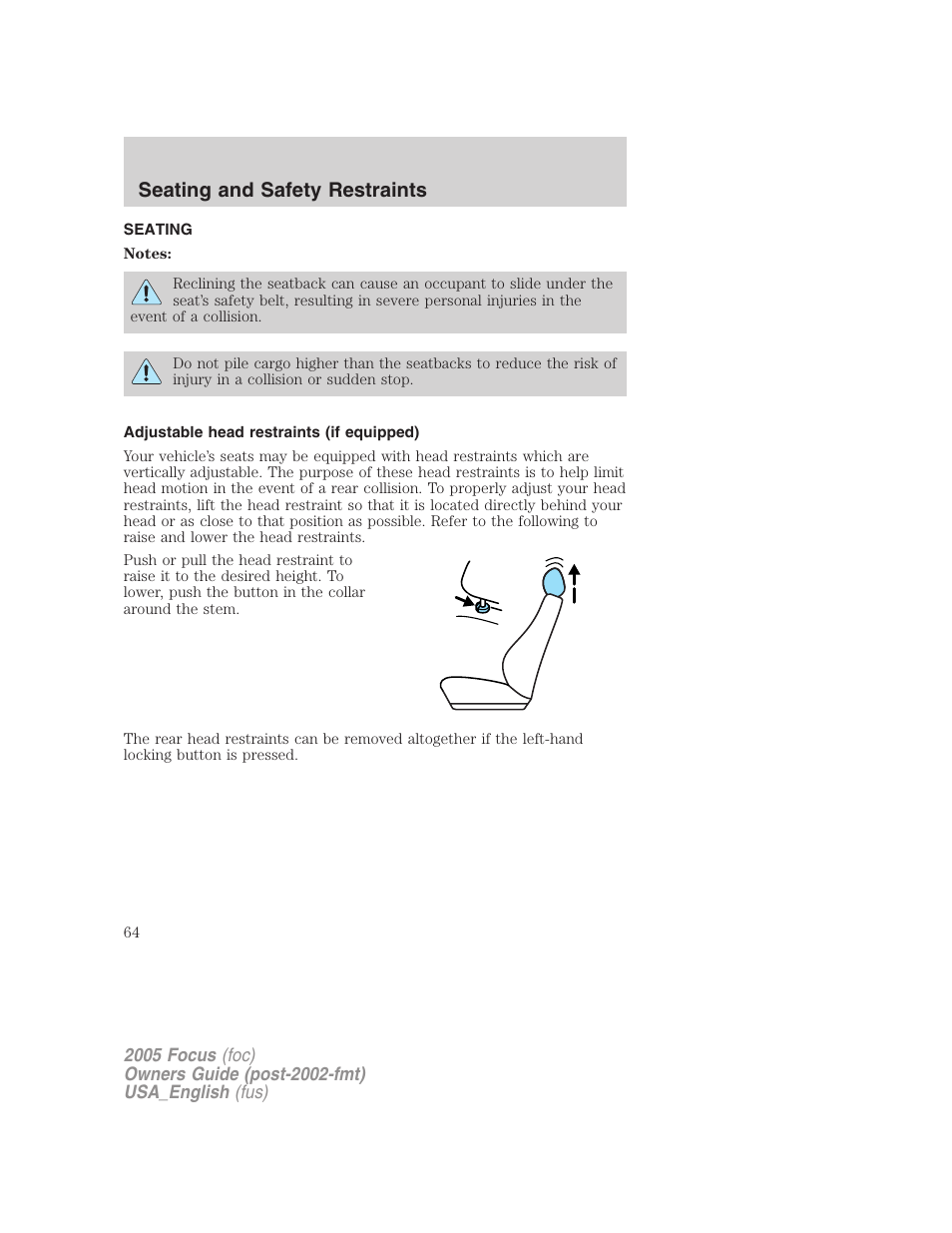 Seating and safety restraints, Seating, Adjustable head restraints (if equipped) | FORD 2005 Focus v.3 User Manual | Page 64 / 224