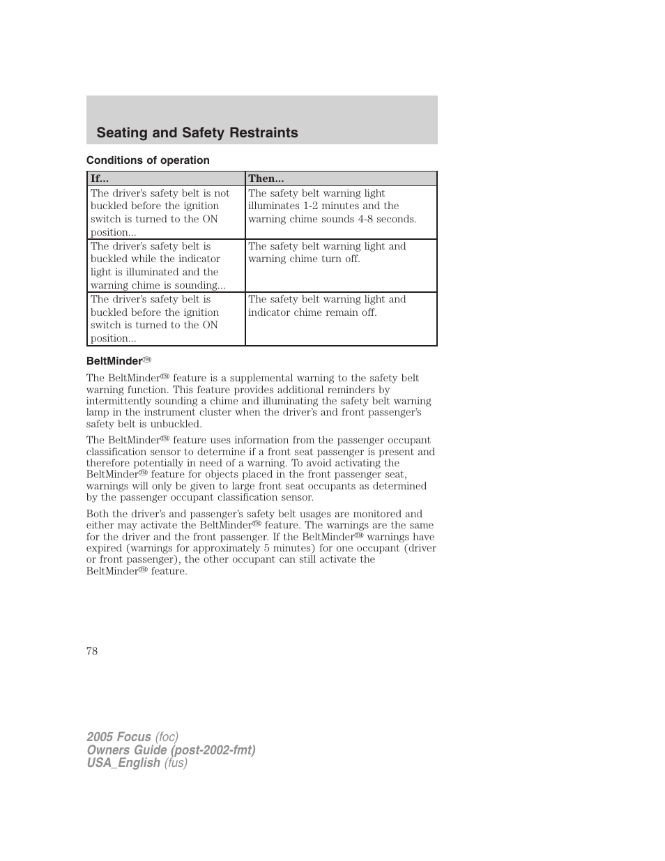 Conditions of operation, Beltminder, Seating and safety restraints | FORD 2005 Focus v.3 User Manual | Page 78 / 224