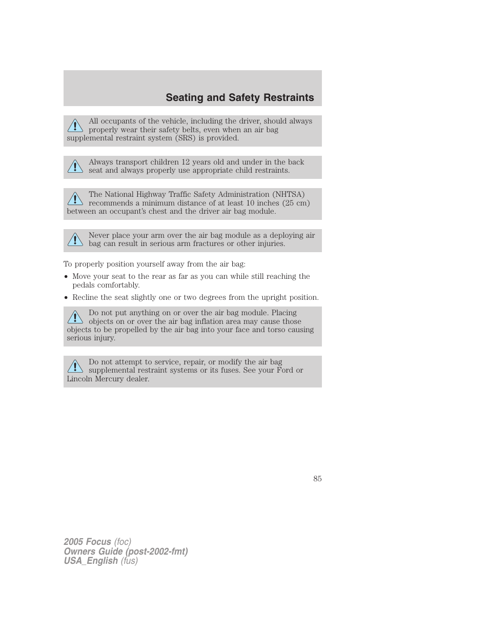 Seating and safety restraints | FORD 2005 Focus v.3 User Manual | Page 85 / 224