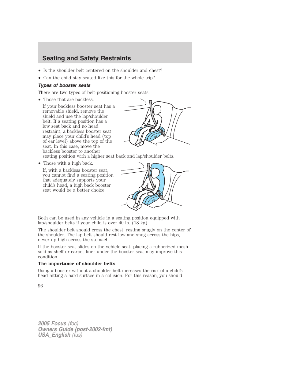 Types of booster seats, Seating and safety restraints | FORD 2005 Focus v.3 User Manual | Page 96 / 224