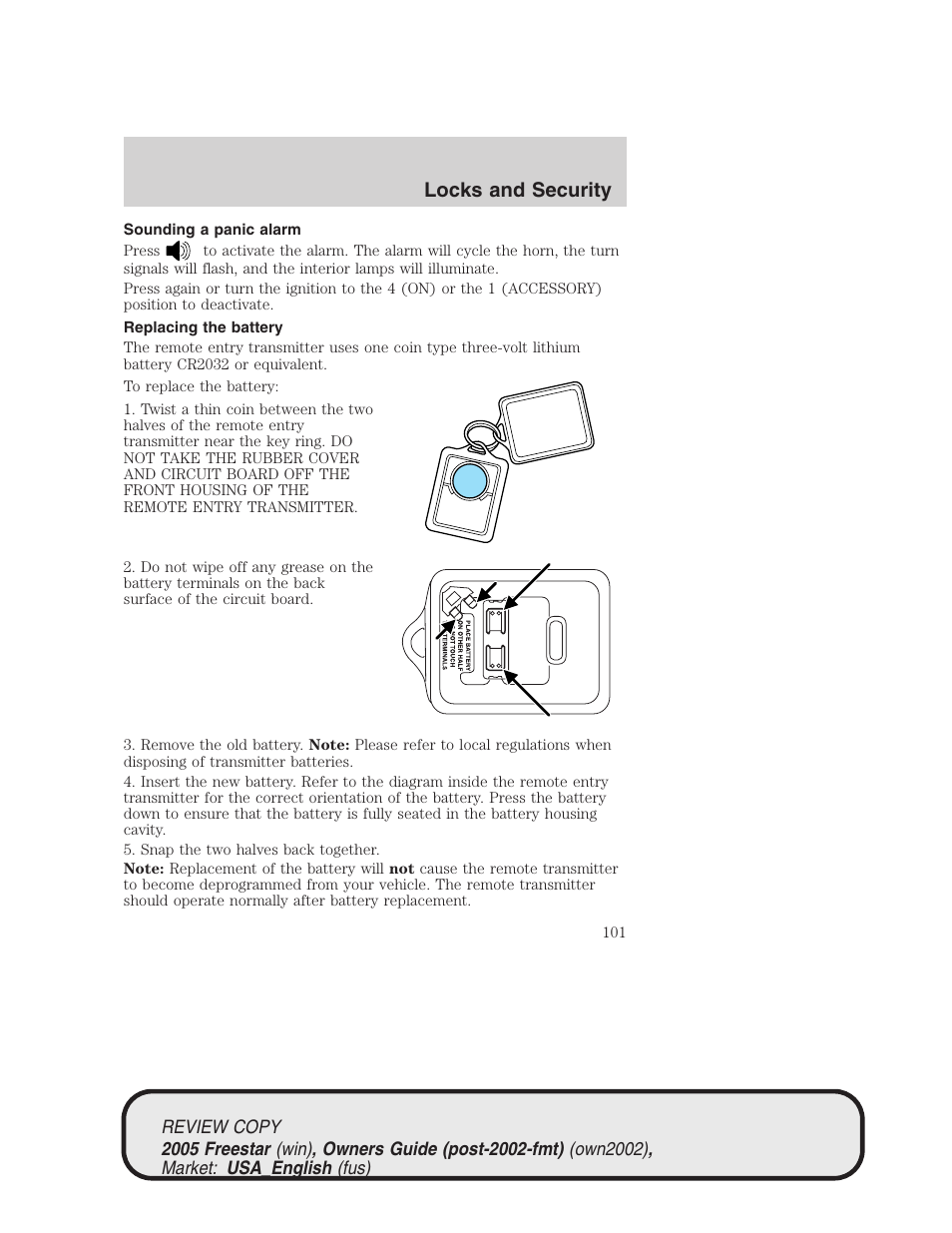 Locks and security | FORD 2005 Freestar v.1 User Manual | Page 101 / 312