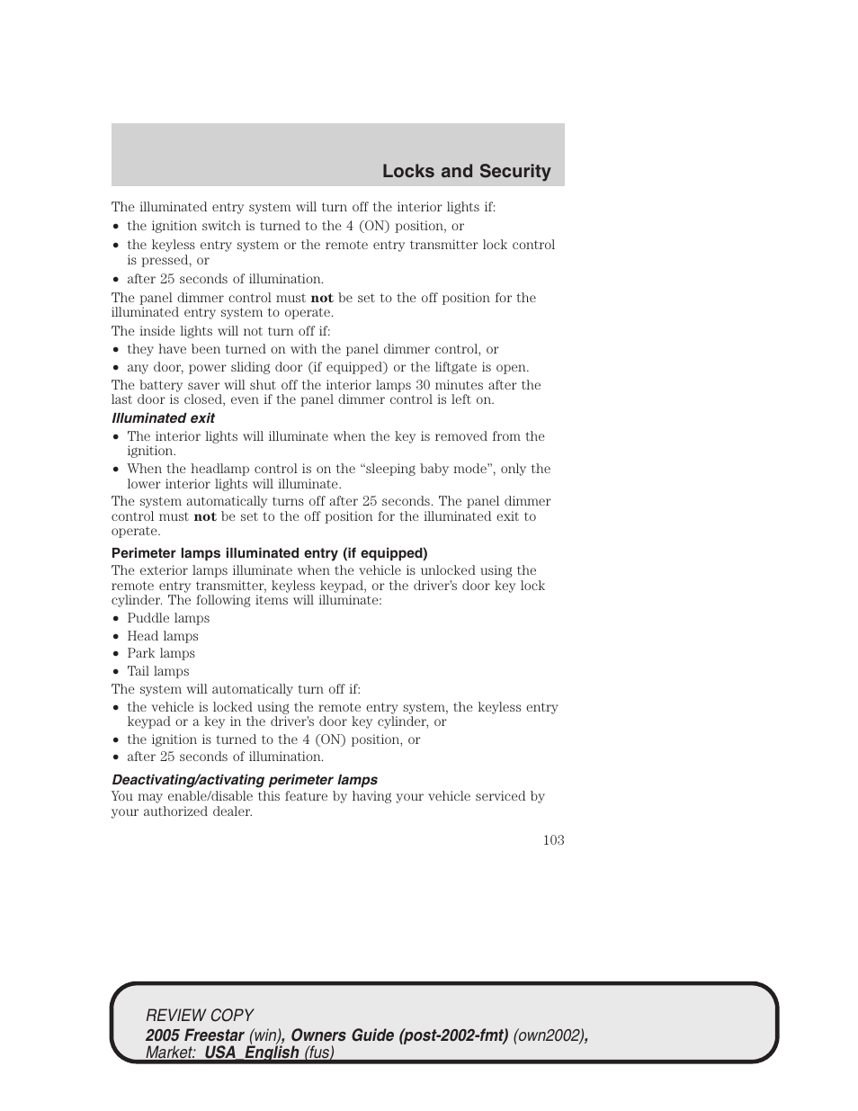 Locks and security | FORD 2005 Freestar v.1 User Manual | Page 103 / 312