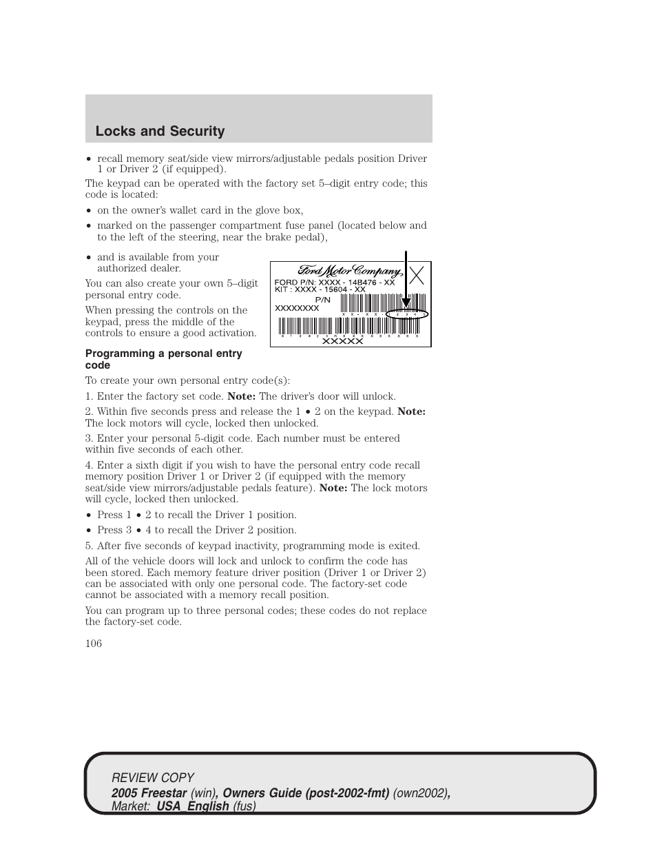 Locks and security | FORD 2005 Freestar v.1 User Manual | Page 106 / 312