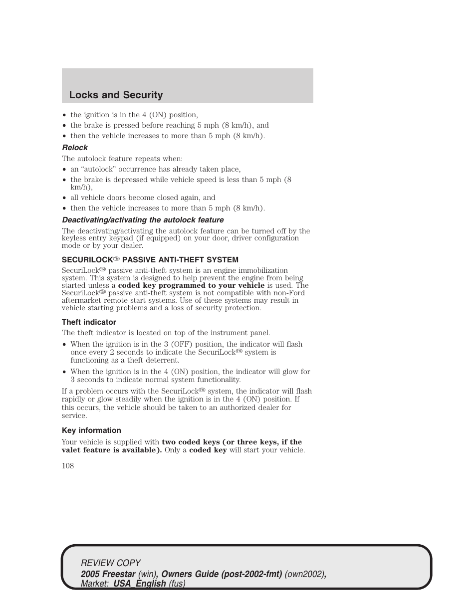 Locks and security | FORD 2005 Freestar v.1 User Manual | Page 108 / 312