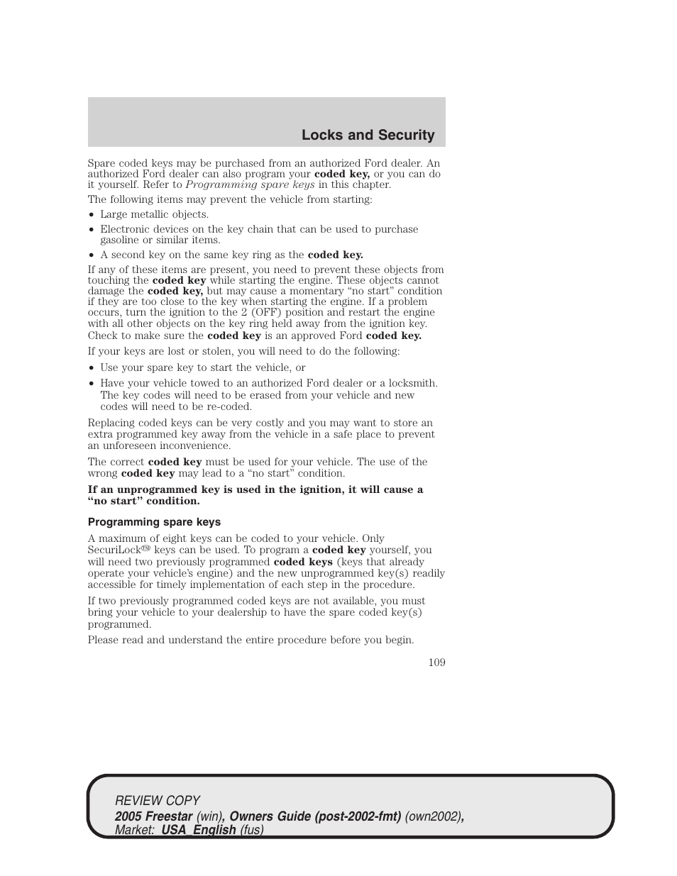 Locks and security | FORD 2005 Freestar v.1 User Manual | Page 109 / 312