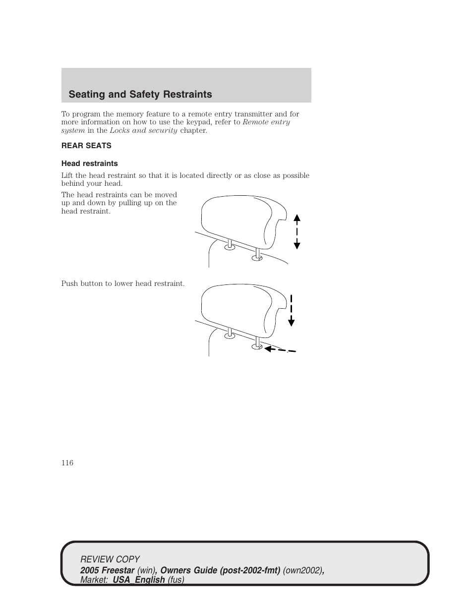 Seating and safety restraints | FORD 2005 Freestar v.1 User Manual | Page 116 / 312