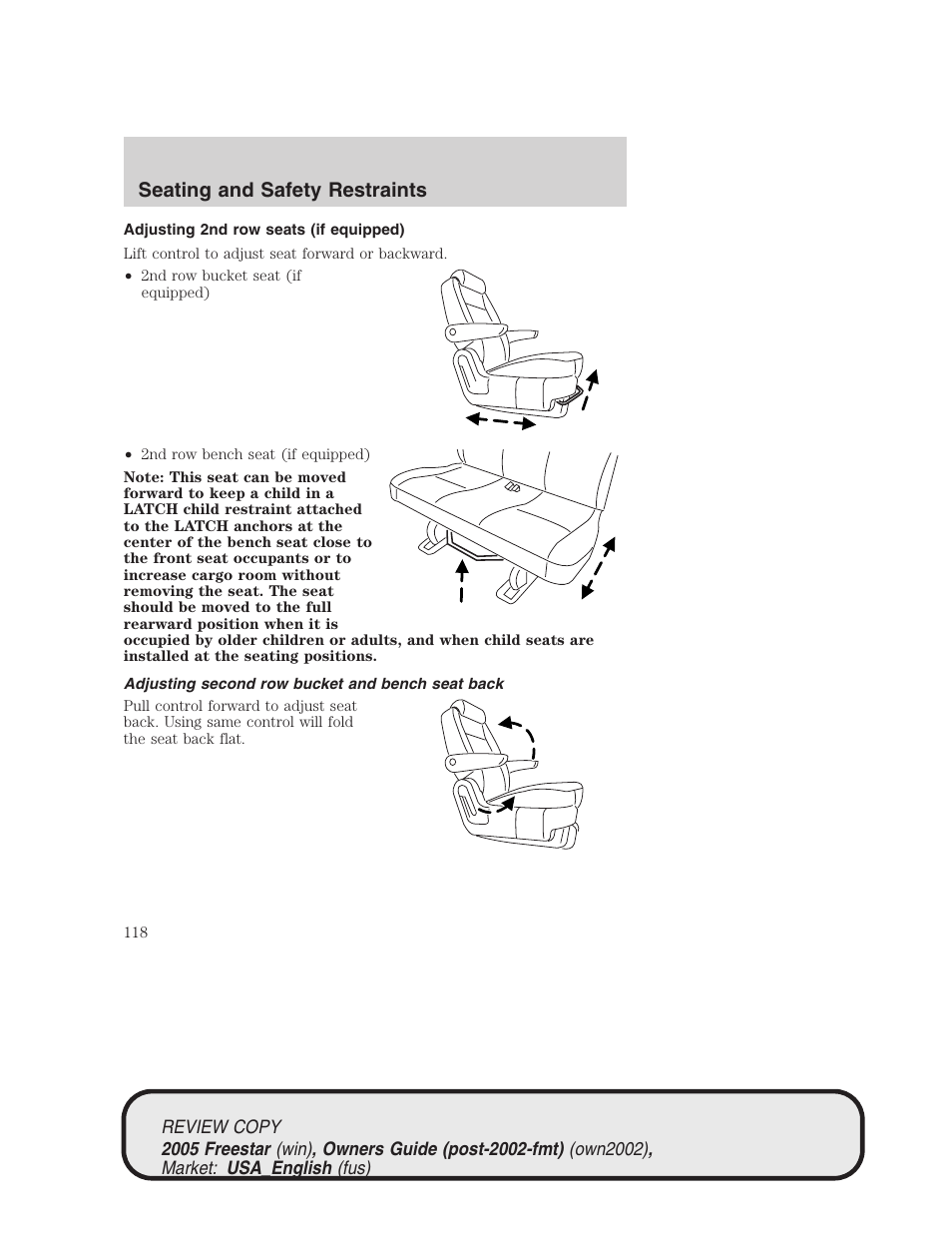 Seating and safety restraints | FORD 2005 Freestar v.1 User Manual | Page 118 / 312