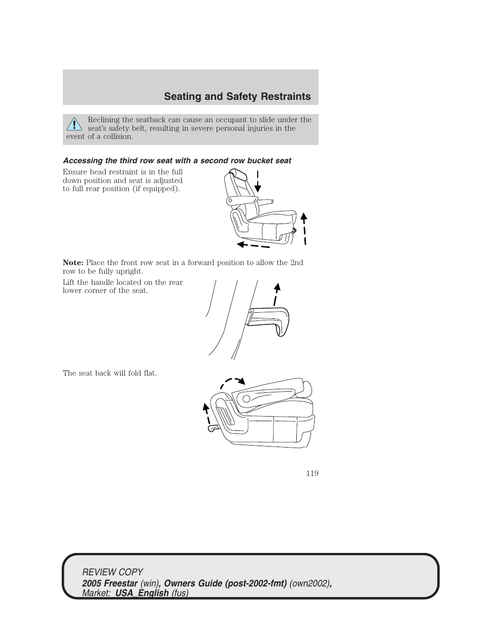 Seating and safety restraints | FORD 2005 Freestar v.1 User Manual | Page 119 / 312