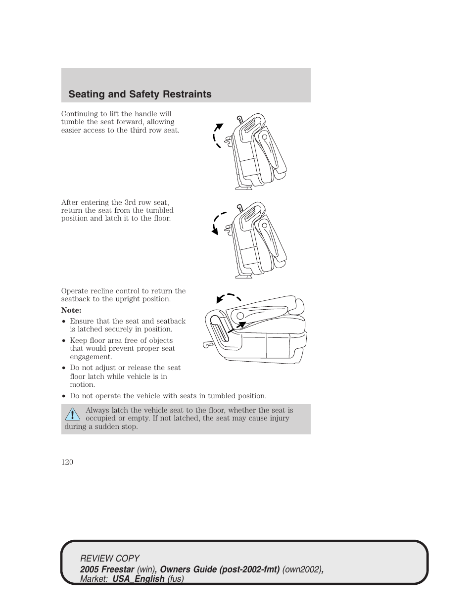 Seating and safety restraints | FORD 2005 Freestar v.1 User Manual | Page 120 / 312