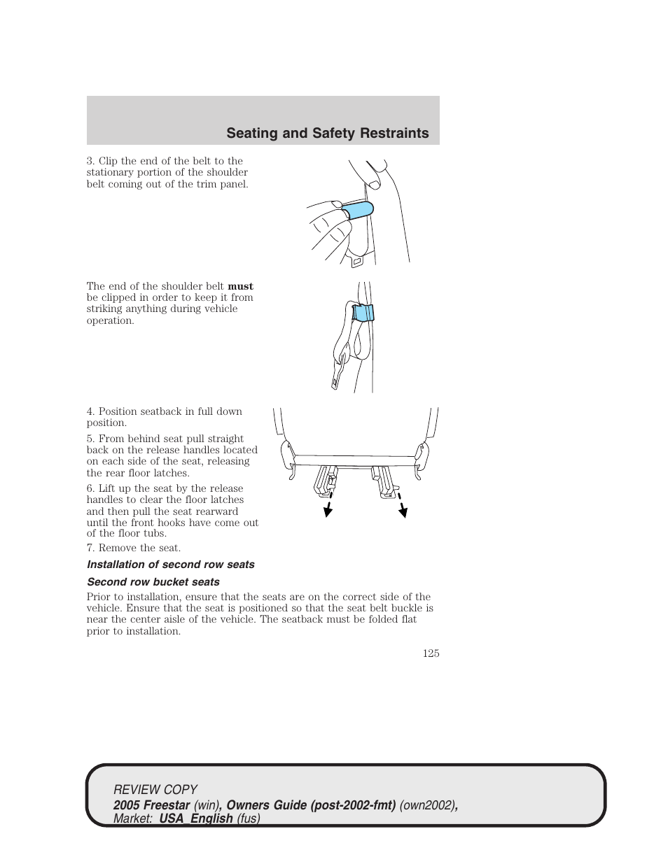 Seating and safety restraints | FORD 2005 Freestar v.1 User Manual | Page 125 / 312