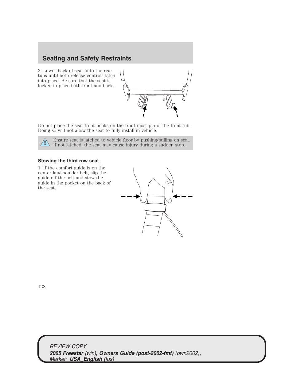 Seating and safety restraints | FORD 2005 Freestar v.1 User Manual | Page 128 / 312