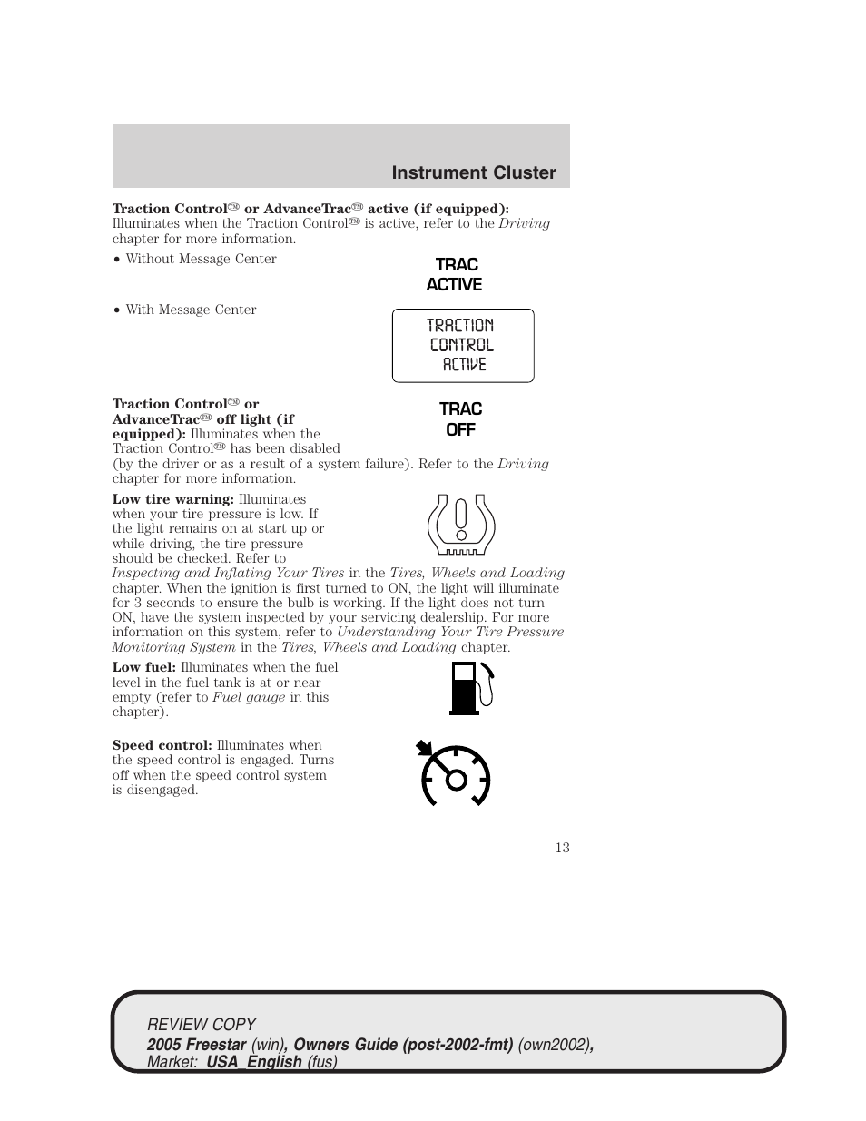 Instrument cluster | FORD 2005 Freestar v.1 User Manual | Page 13 / 312