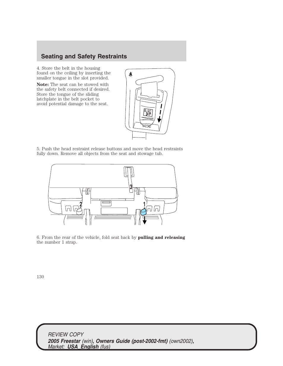 Seating and safety restraints | FORD 2005 Freestar v.1 User Manual | Page 130 / 312