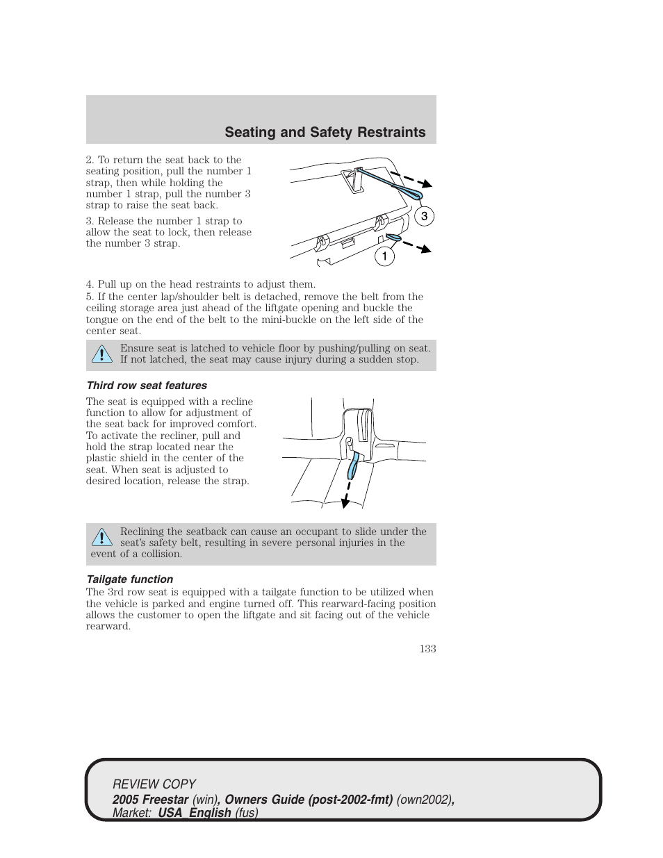 Seating and safety restraints | FORD 2005 Freestar v.1 User Manual | Page 133 / 312