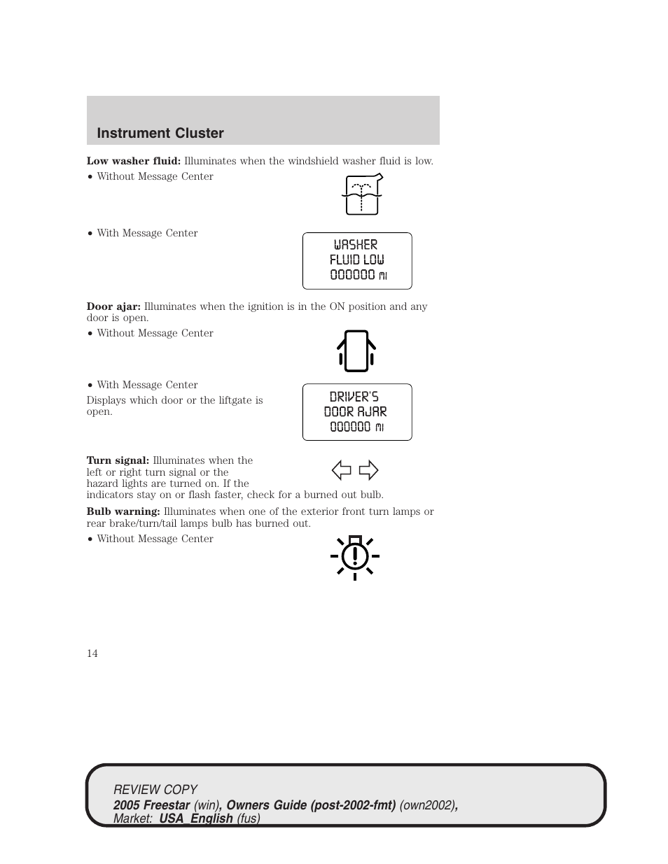 Instrument cluster | FORD 2005 Freestar v.1 User Manual | Page 14 / 312