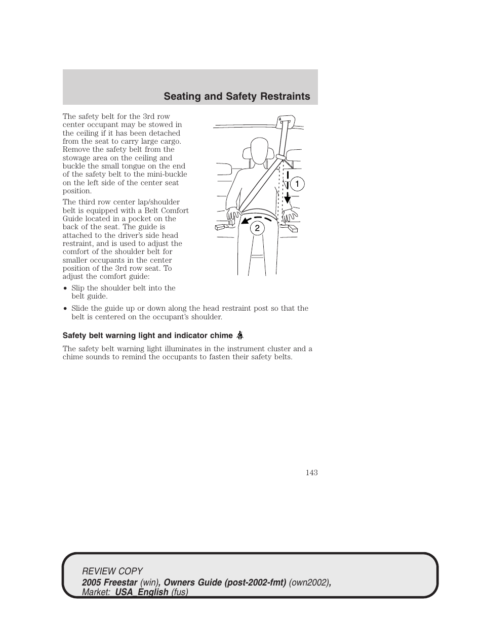 Seating and safety restraints | FORD 2005 Freestar v.1 User Manual | Page 143 / 312