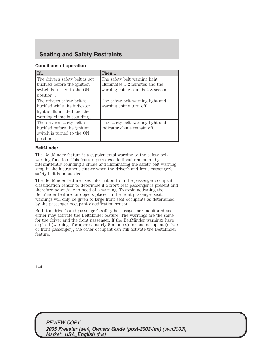 Seating and safety restraints | FORD 2005 Freestar v.1 User Manual | Page 144 / 312