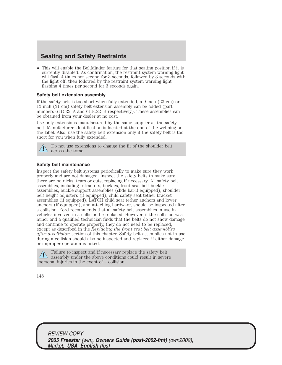 Seating and safety restraints | FORD 2005 Freestar v.1 User Manual | Page 148 / 312