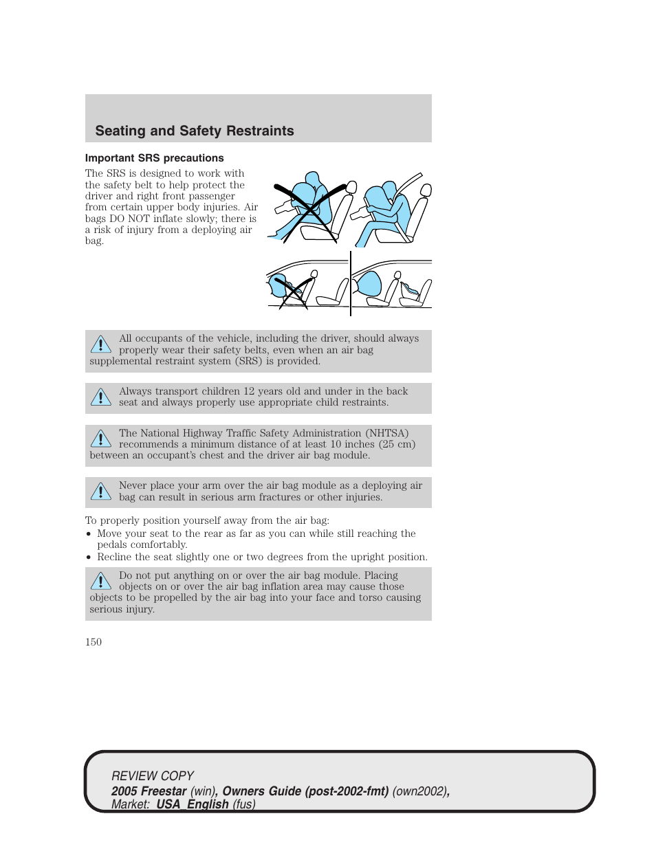 Seating and safety restraints | FORD 2005 Freestar v.1 User Manual | Page 150 / 312