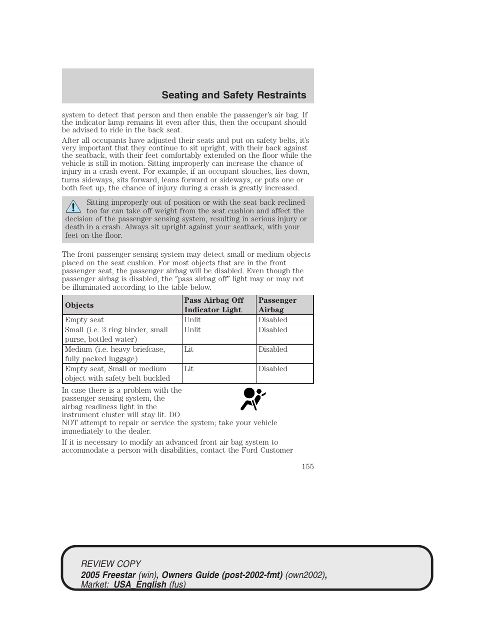 Seating and safety restraints | FORD 2005 Freestar v.1 User Manual | Page 155 / 312