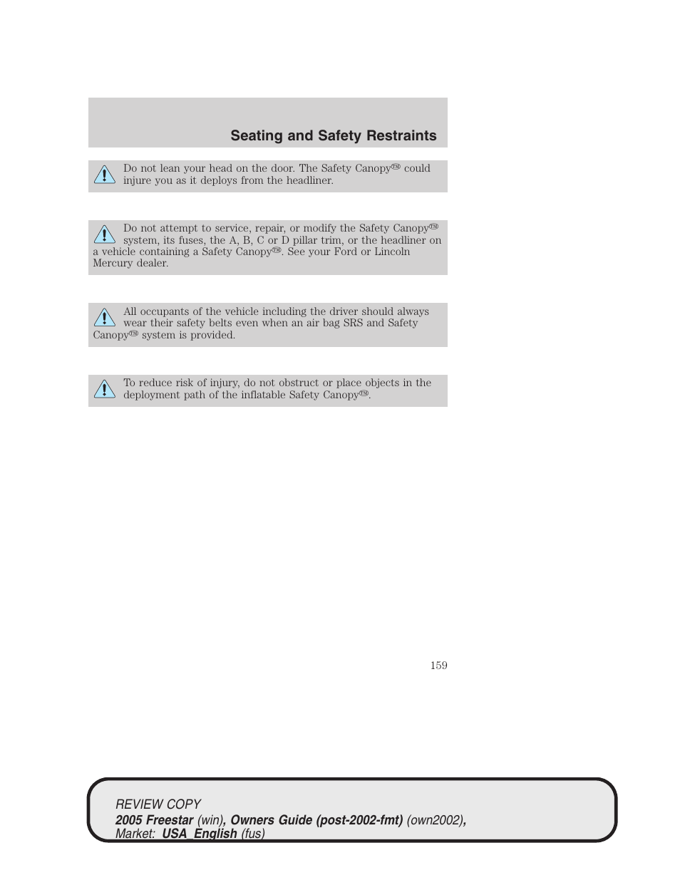 Seating and safety restraints | FORD 2005 Freestar v.1 User Manual | Page 159 / 312