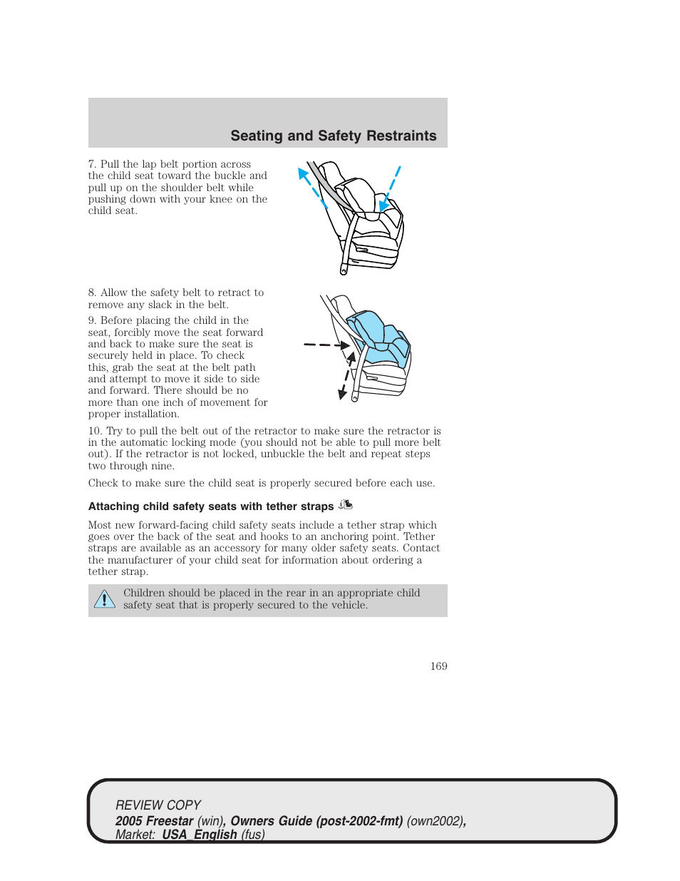 Seating and safety restraints | FORD 2005 Freestar v.1 User Manual | Page 169 / 312