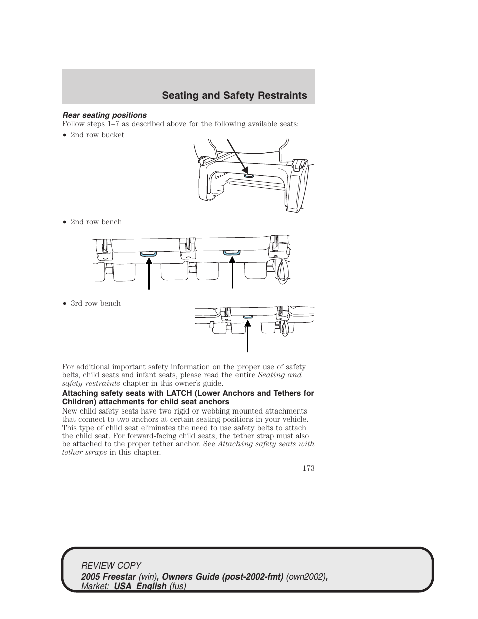 Seating and safety restraints | FORD 2005 Freestar v.1 User Manual | Page 173 / 312