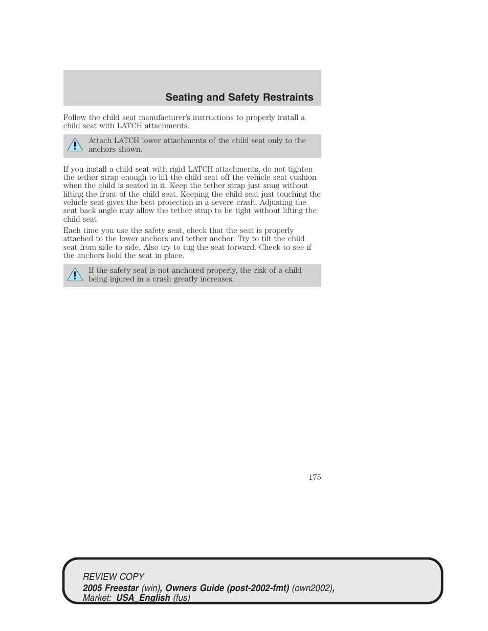Seating and safety restraints | FORD 2005 Freestar v.1 User Manual | Page 175 / 312