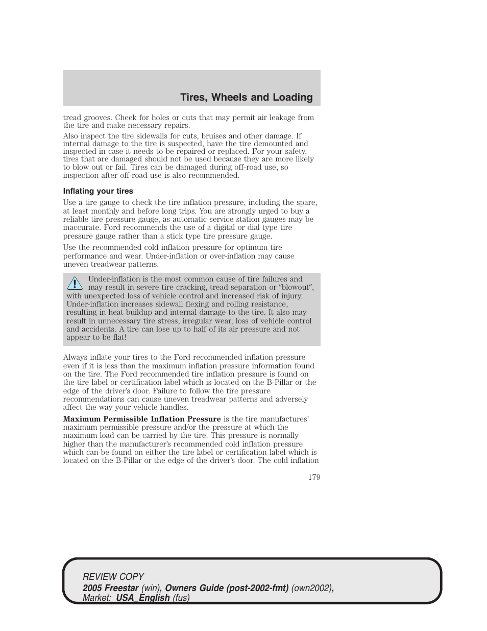 Tires, wheels and loading | FORD 2005 Freestar v.1 User Manual | Page 179 / 312