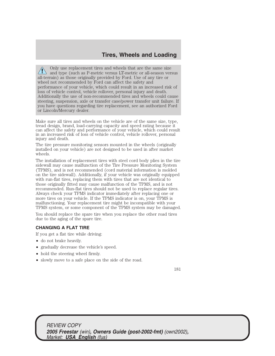 Tires, wheels and loading | FORD 2005 Freestar v.1 User Manual | Page 181 / 312