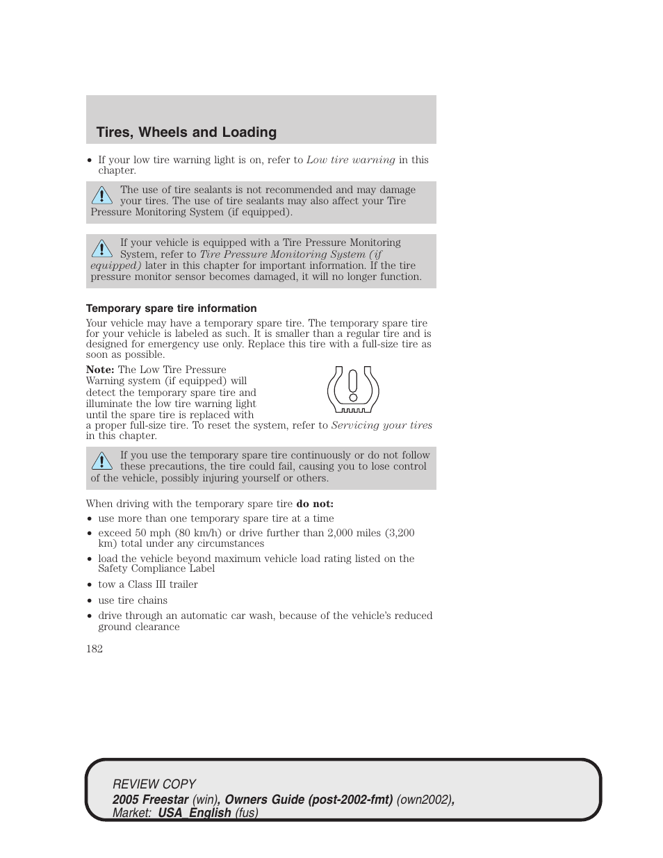 Tires, wheels and loading | FORD 2005 Freestar v.1 User Manual | Page 182 / 312