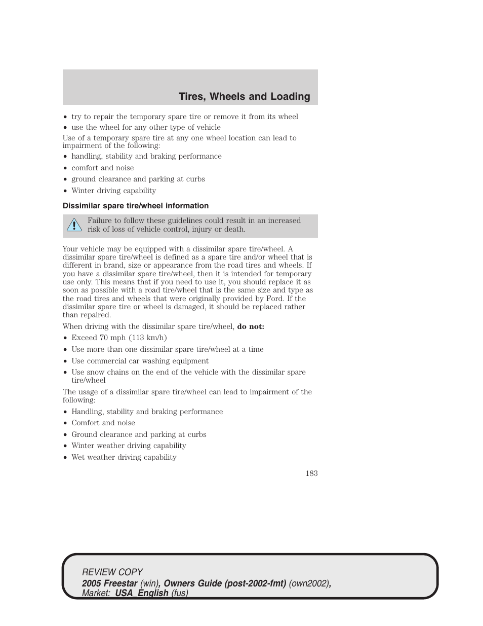 Tires, wheels and loading | FORD 2005 Freestar v.1 User Manual | Page 183 / 312