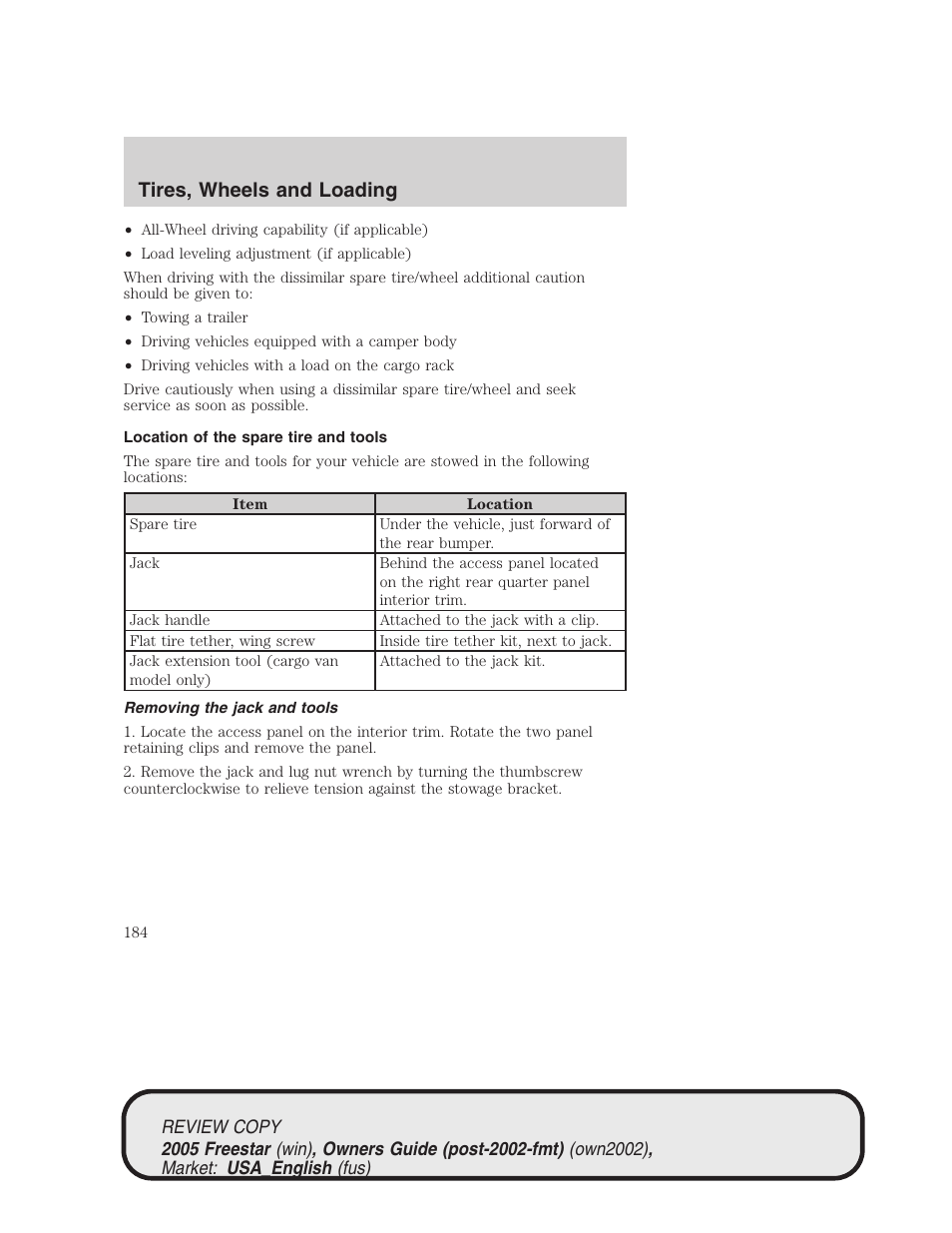 Tires, wheels and loading | FORD 2005 Freestar v.1 User Manual | Page 184 / 312