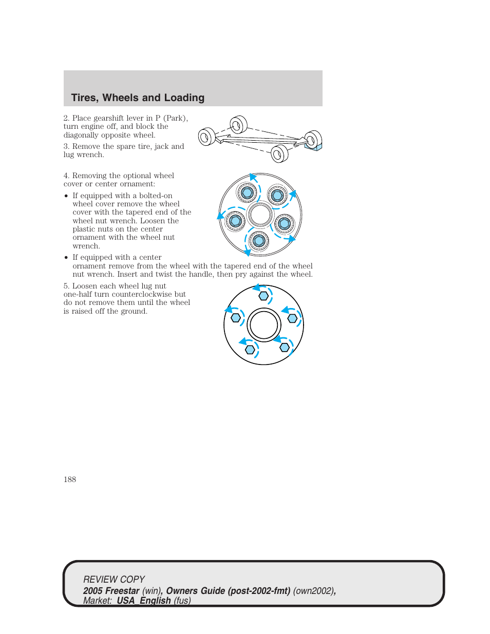 Tires, wheels and loading | FORD 2005 Freestar v.1 User Manual | Page 188 / 312