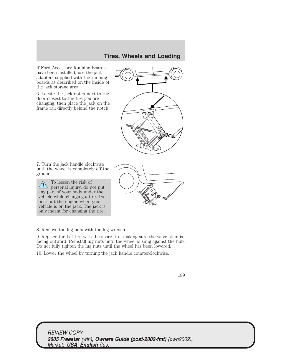 Tires, wheels and loading | FORD 2005 Freestar v.1 User Manual | Page 189 / 312