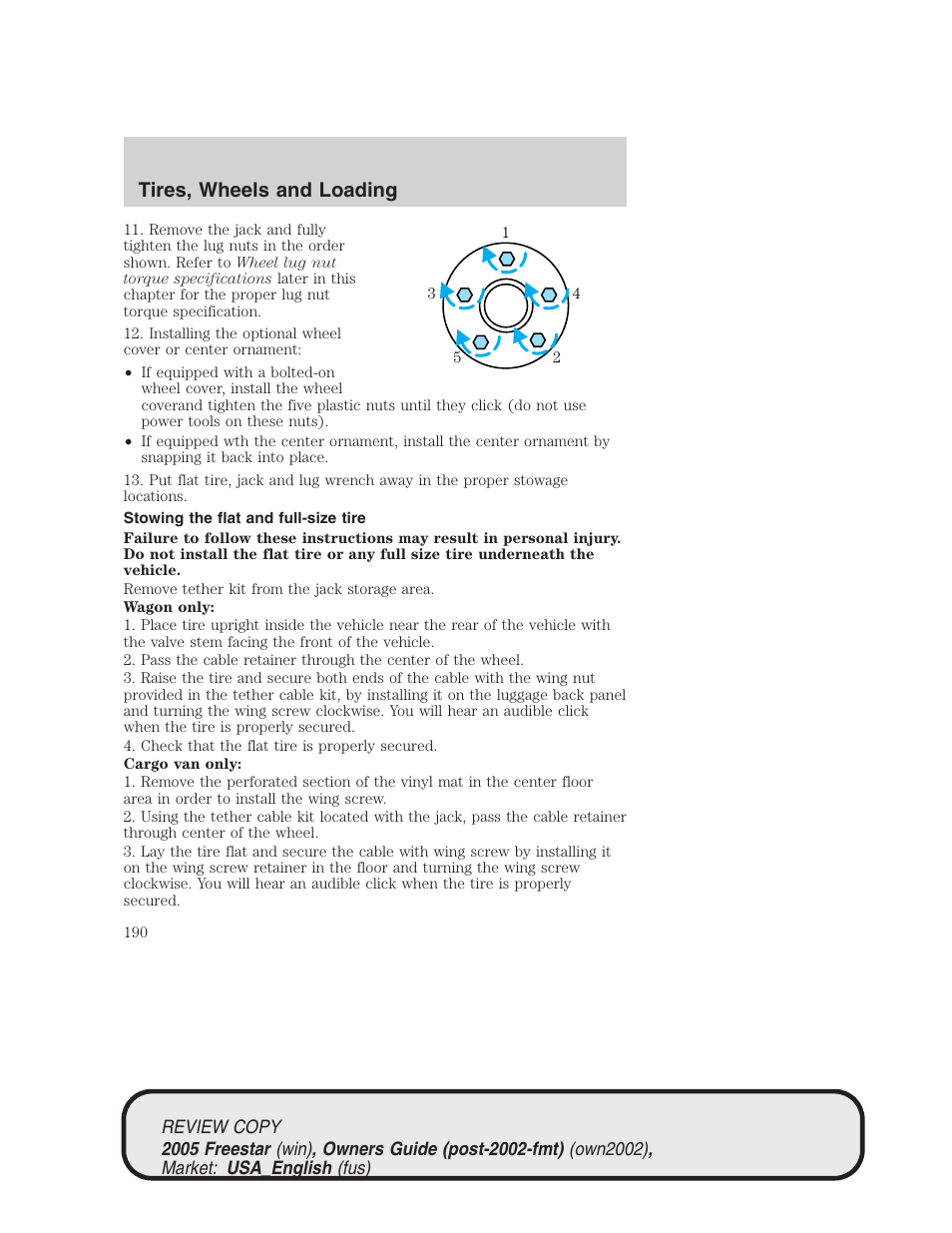 Tires, wheels and loading | FORD 2005 Freestar v.1 User Manual | Page 190 / 312