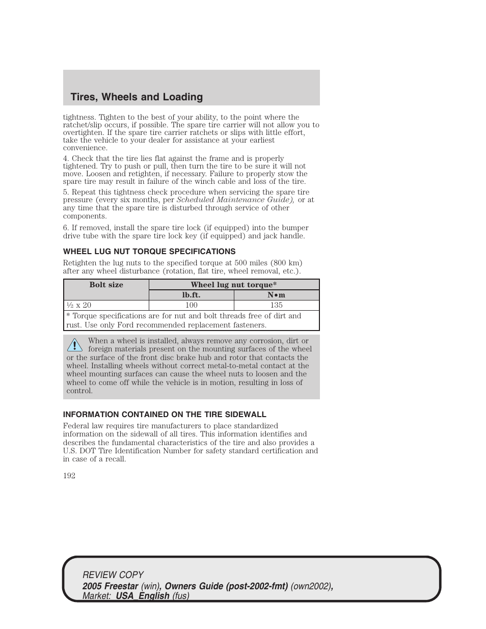 Tires, wheels and loading | FORD 2005 Freestar v.1 User Manual | Page 192 / 312