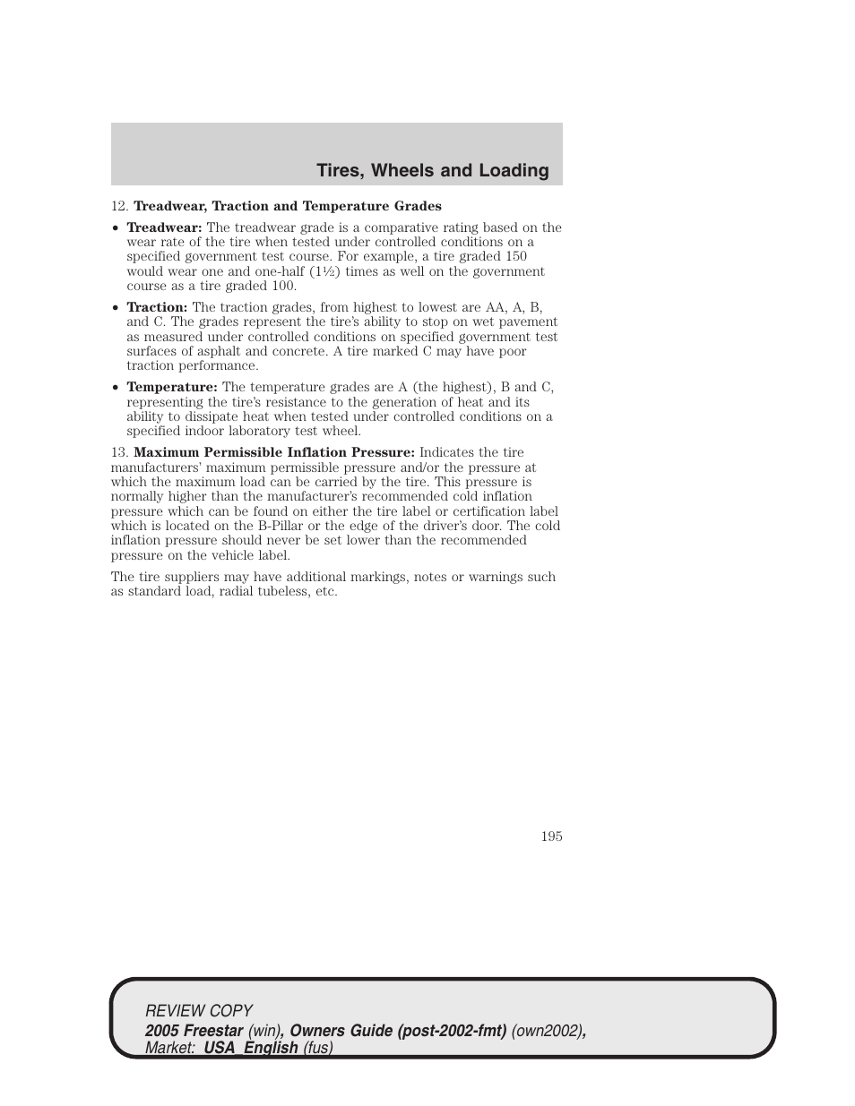 Tires, wheels and loading | FORD 2005 Freestar v.1 User Manual | Page 195 / 312