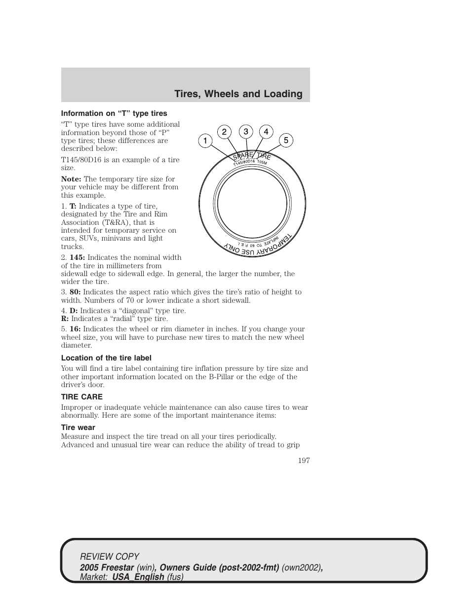 Tires, wheels and loading | FORD 2005 Freestar v.1 User Manual | Page 197 / 312