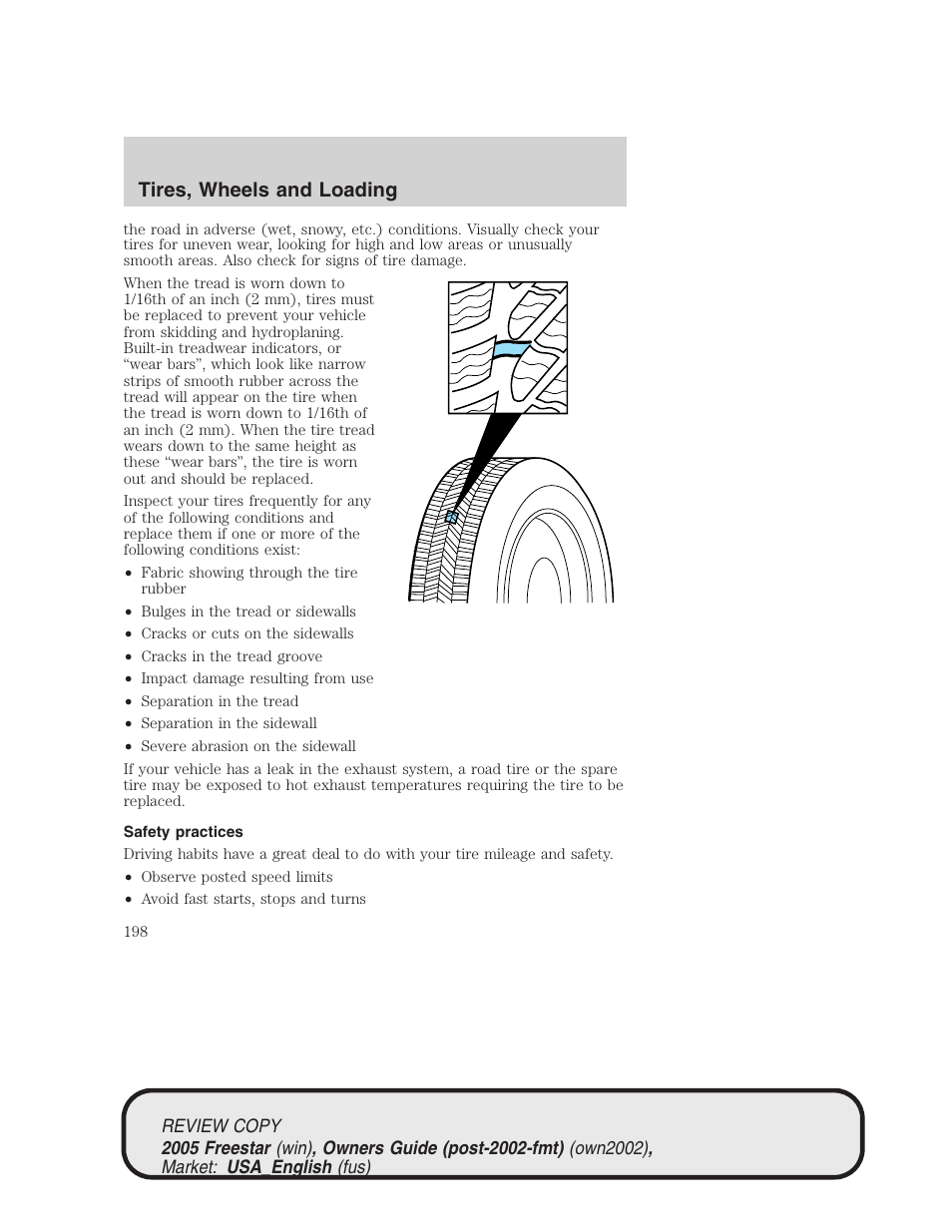 Tires, wheels and loading | FORD 2005 Freestar v.1 User Manual | Page 198 / 312