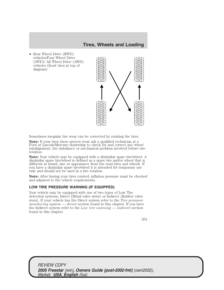 Tires, wheels and loading | FORD 2005 Freestar v.1 User Manual | Page 201 / 312