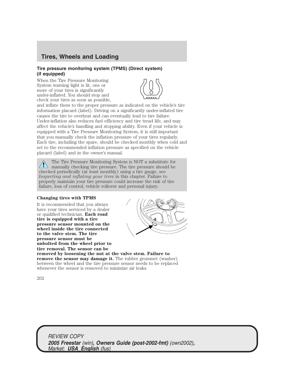 Tires, wheels and loading | FORD 2005 Freestar v.1 User Manual | Page 202 / 312