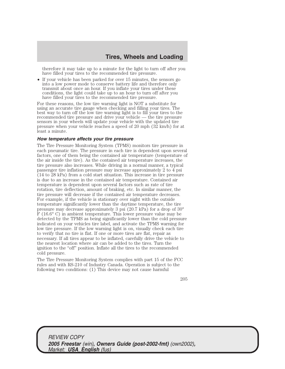 Tires, wheels and loading | FORD 2005 Freestar v.1 User Manual | Page 205 / 312