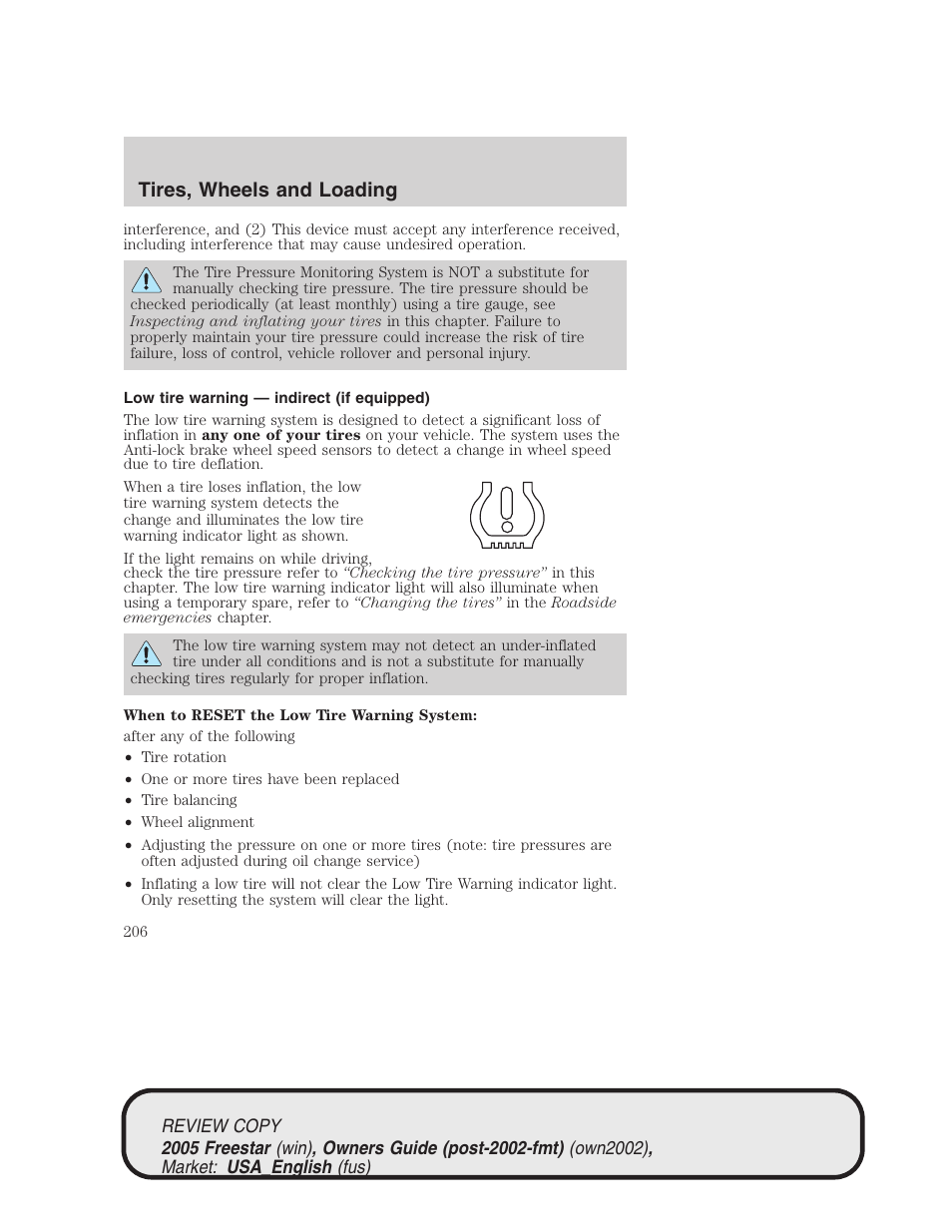 Tires, wheels and loading | FORD 2005 Freestar v.1 User Manual | Page 206 / 312