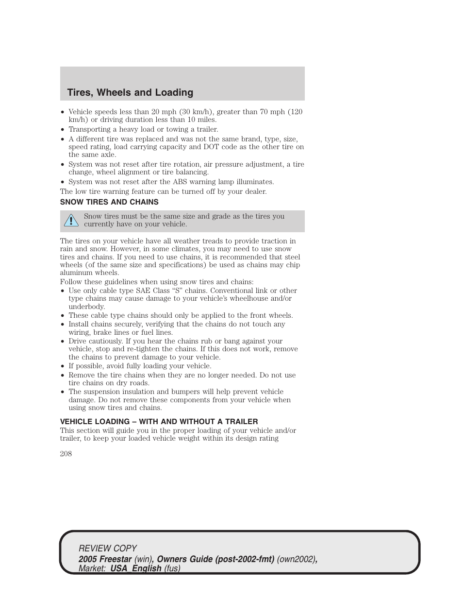 Tires, wheels and loading | FORD 2005 Freestar v.1 User Manual | Page 208 / 312