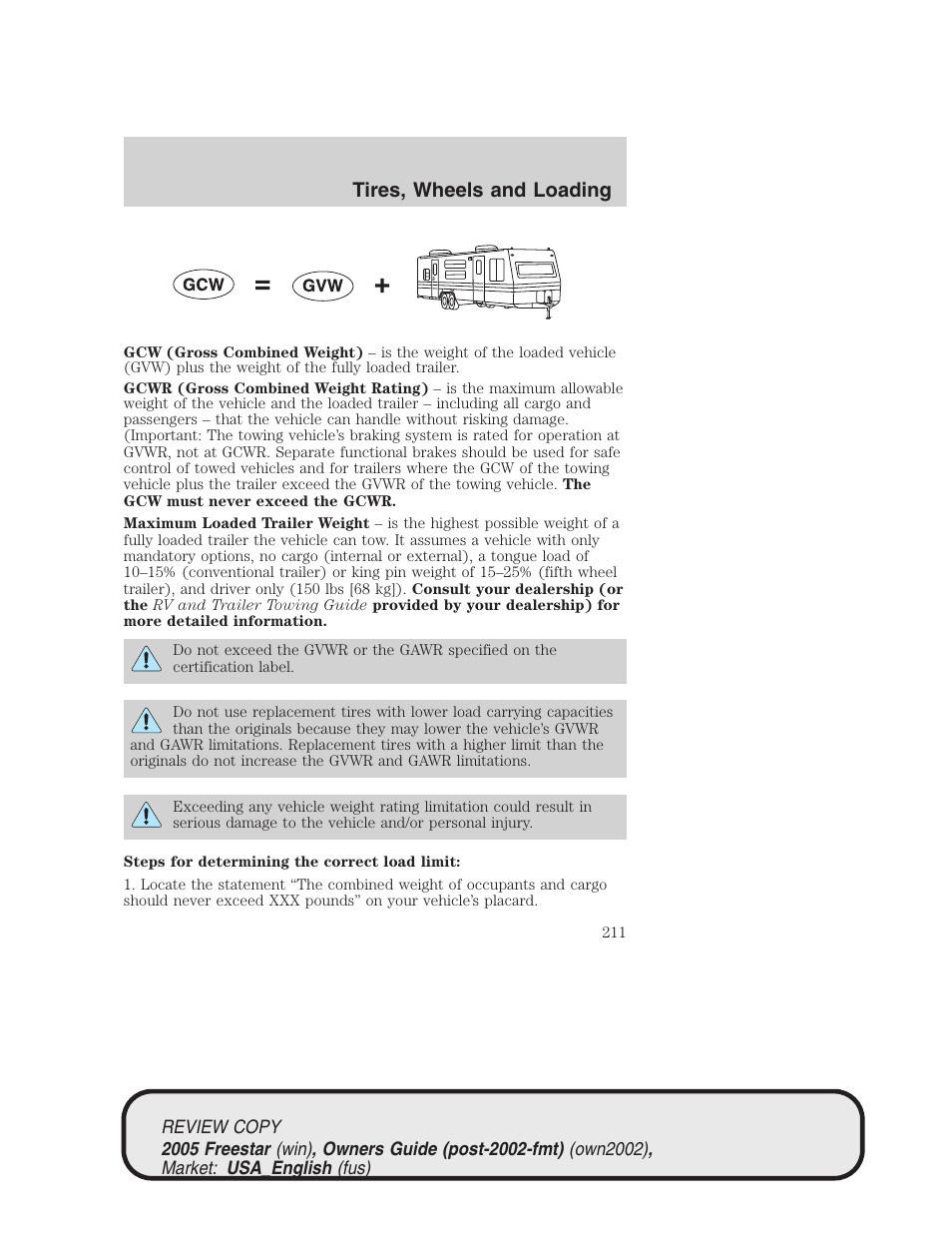 Tires, wheels and loading | FORD 2005 Freestar v.1 User Manual | Page 211 / 312