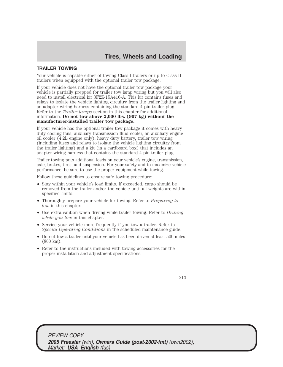 Tires, wheels and loading | FORD 2005 Freestar v.1 User Manual | Page 213 / 312