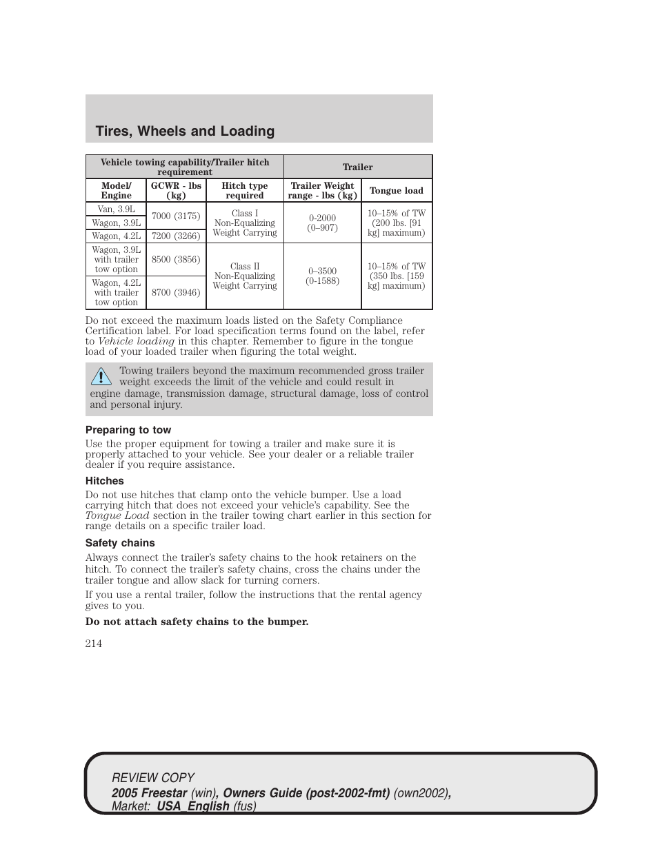 Tires, wheels and loading | FORD 2005 Freestar v.1 User Manual | Page 214 / 312