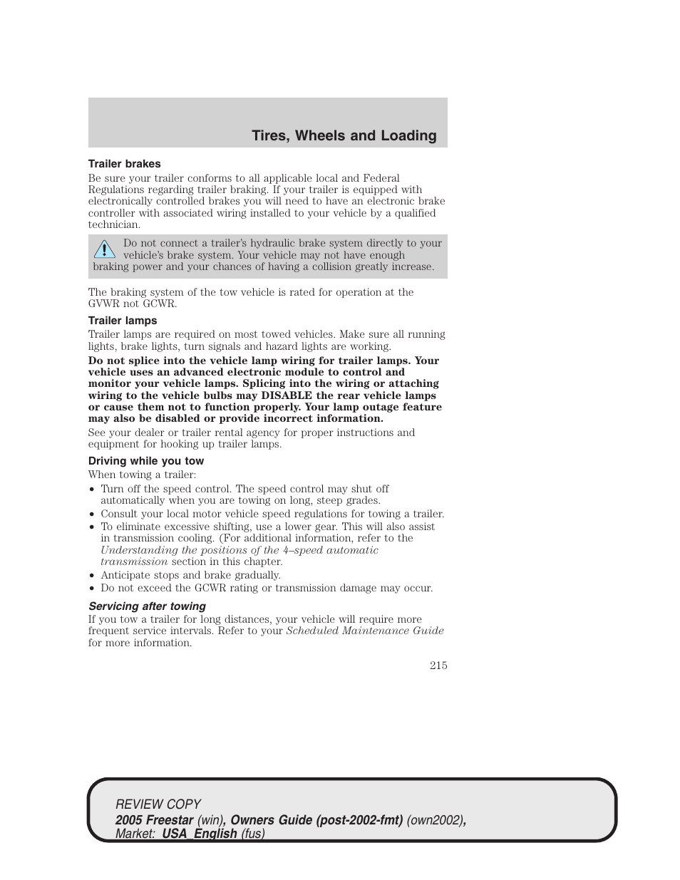 Tires, wheels and loading | FORD 2005 Freestar v.1 User Manual | Page 215 / 312